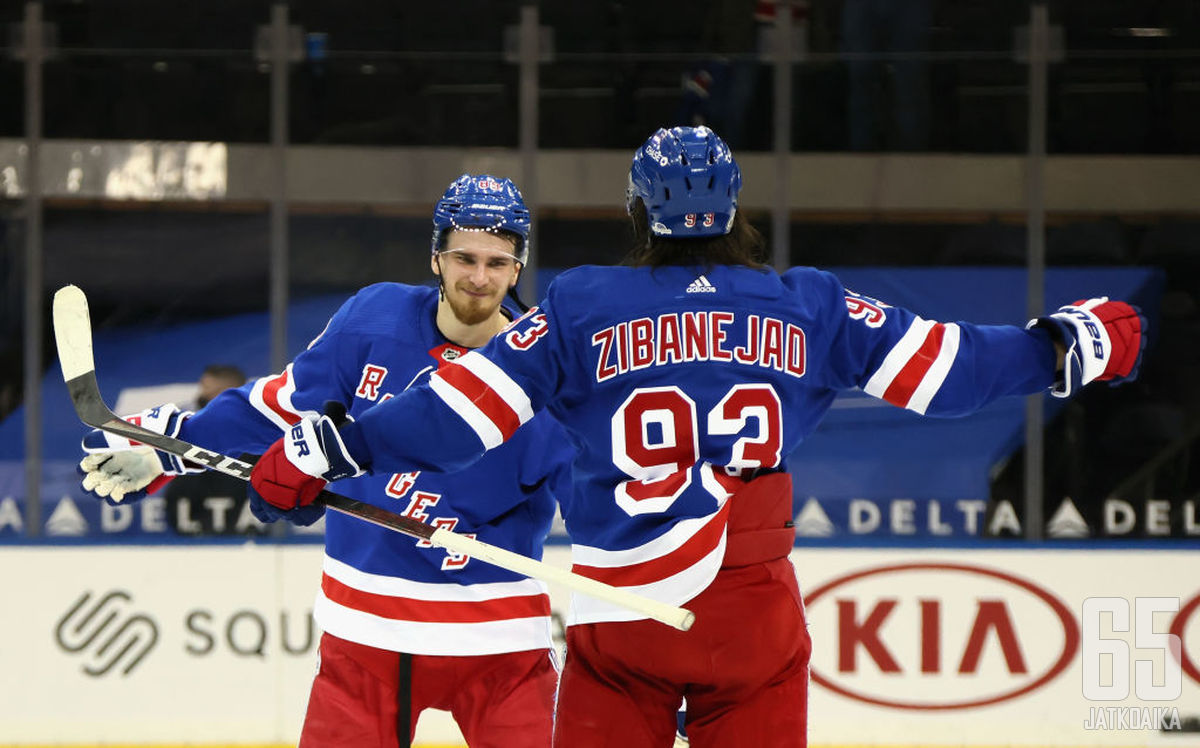 Terve vaan ja onnea! Pavel Butšnevitšista tuli ensimmäinen Rangers-pelaaja, joka on onnistunut hattutempun teossa syntymäpäivänään. Mika Zibanejad onnittelee.