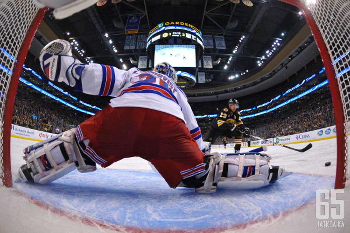 Henrik Lundqvist torjuu jatkossakin kiekkoja Rangersin maalinsuulla.