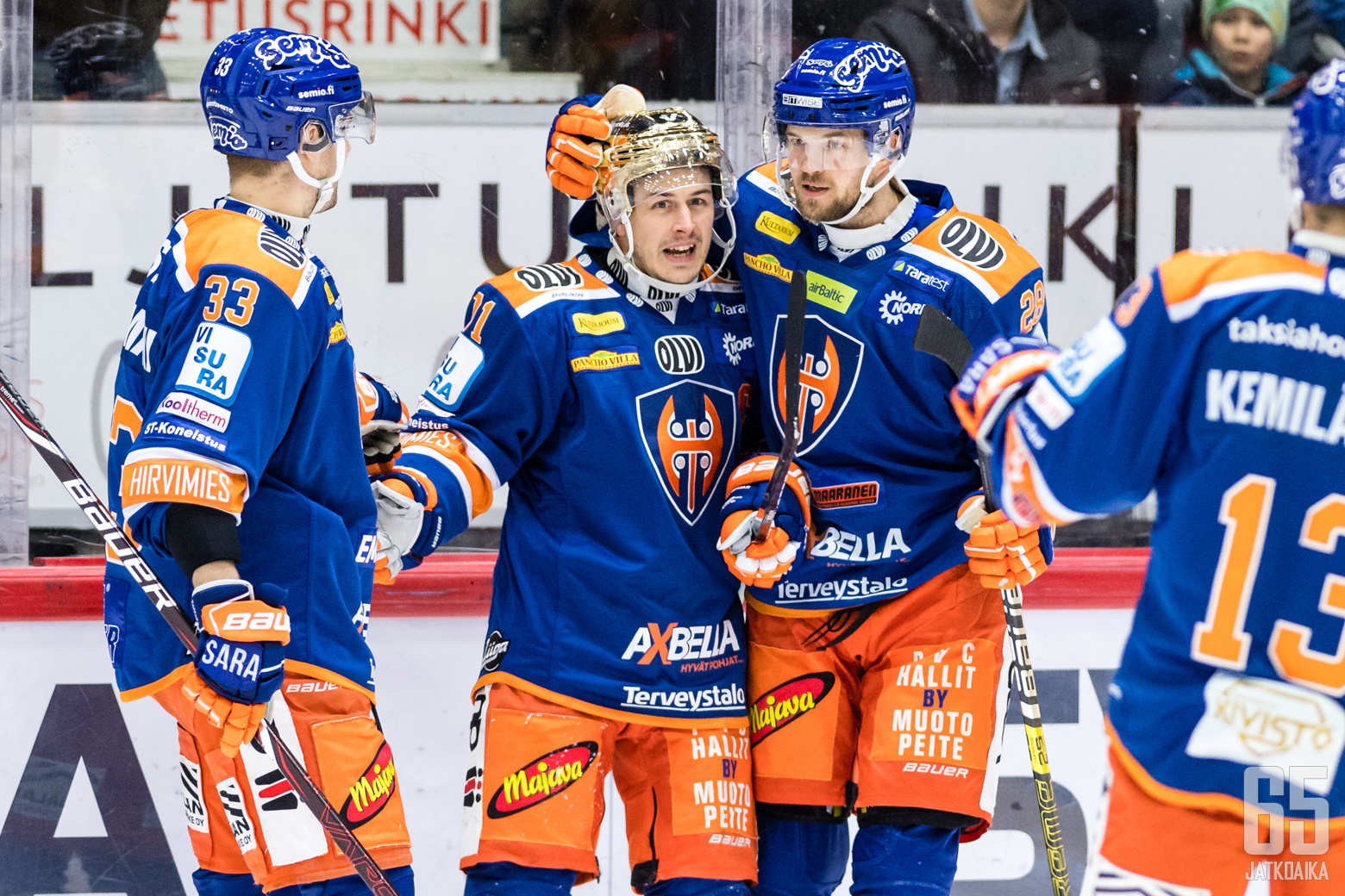 Tapparan Veli-Matti Vittasmäki (33), Kristian Kuusela (71), Jarkko Malinen (28) ja Valtteri Kemiläinen (13) Liigan runkosarjaottelussa HIFK - Tappara, Helsingin jäähallissa, 18. tammikuuta 2020.