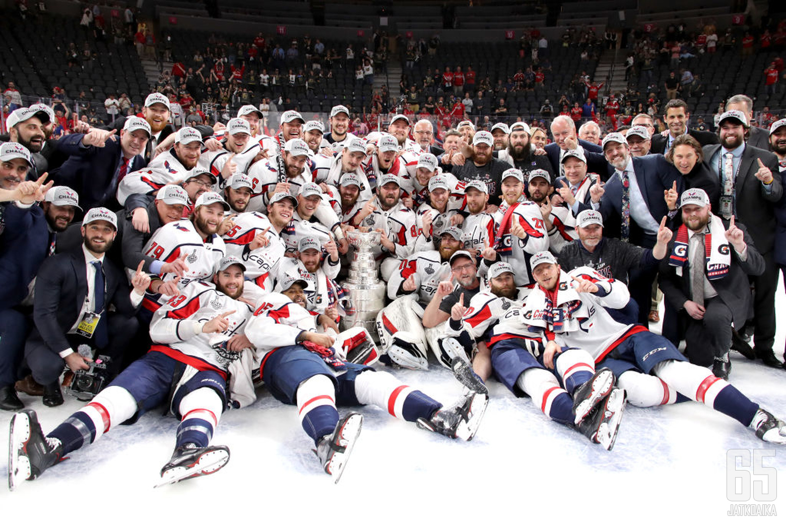 LAS VEGAS, NV - JUNE 07:  The Washington Capitals pose for a photo with the Stanley Cup after their team's 4-3 win over the Vegas Golden Knights in Game Five of the 2018 NHL Stanley Cup Final at T-Mobile Arena on June 7, 2018 in Las Vegas, Nevada.  (Photo